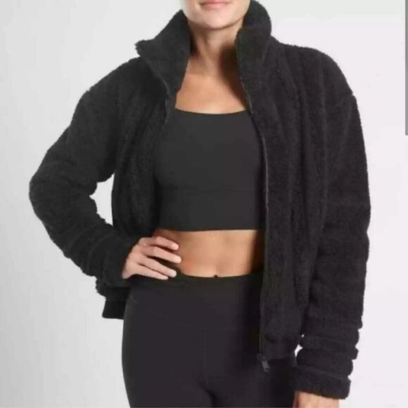 Athleta Jackets & Blazers - ATHLETA Willow Fleece Sherpa Jacket Women's S Small Black Fuzzy Bomber 599478